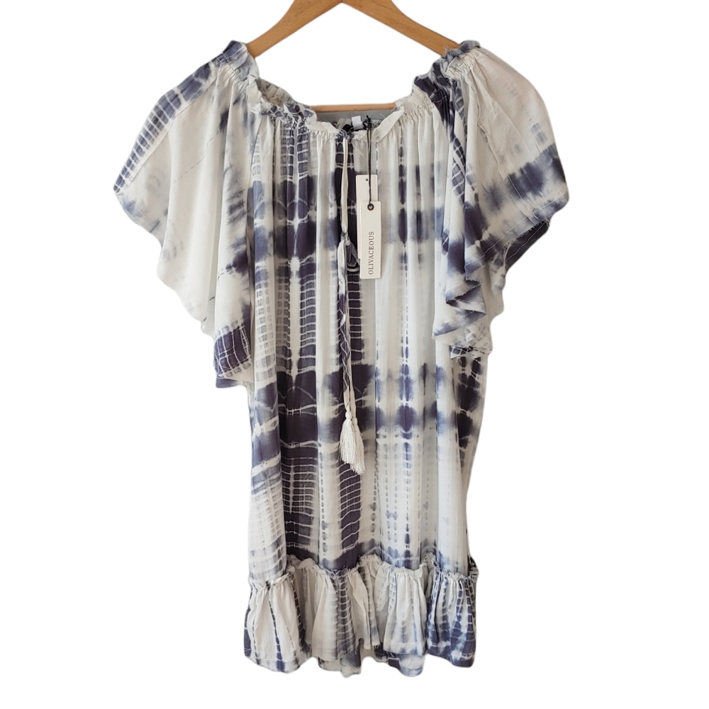 NWT Olivaceous Indigo Blue and White Tie Dye Tunic Mini Dress Size Medium
